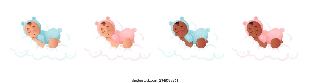 Sleeping baby set on clouds, boys and girls. Multicultural boys and girls characters in cartoon style.