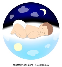 Sleeping baby in the sky. Funny baby sleep on nature.  Eco friendly childhood concept. Flat cartoon vector isolated on a white background.
