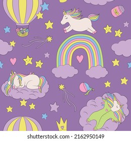 Sleeping Baby Unicorn Seamless Pattern. Adorable Little Unicorn Pony Sleeping On A Cloud. Celestial Vector Illustration For Baby Girls. Cute Rainbow, Stars And Clouds. Good Night Seamless Pattern.