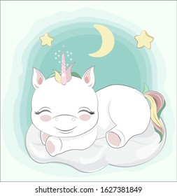sleeping baby unicorn sleeps on cloud. Picture in hand drawing style for baby shower. Greeting card, party invitation, fashion clothes t-shirt print