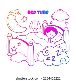 Sleeping badtime doodle illustration with hand drawn gradient outline style