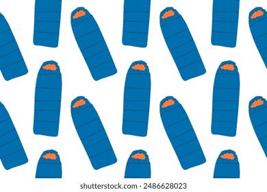 Sleeping Bag blue on white trendy repeating colorful pattern vector illustration for print , travel hiking and camping sleeping blue bag .