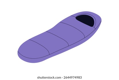 Sleeping bag for camping and hiking. Insulated padded outdoor gear, mummy bed for night outside. Portable equipment for relaxing in travel. Flat vector illustration isolated on white background