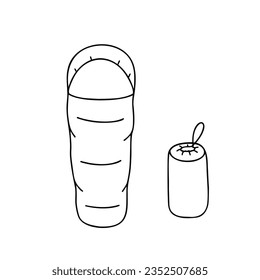 Bolsa de dormir, acampada. Ilustración vectorial para impresión, fondos, cubiertas y embalaje. La imagen se puede usar para tarjetas de felicitación, carteles, pegatinas y textiles. Aislado sobre fondo blanco.
