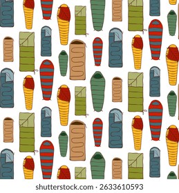 Sleeping Bag Color Line Seamless Pattern. Camping Equipment. Cozy Camp Sleep, Adventure Sleep Kit. Outdoor Nap Essentials. Vector illustrations