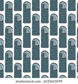Sleeping Bag Color Line Seamless Pattern. Camping Equipment. Cozy Camp Sleep, Adventure Sleep Kit. Outdoor Nap Essentials. Vector illustrations