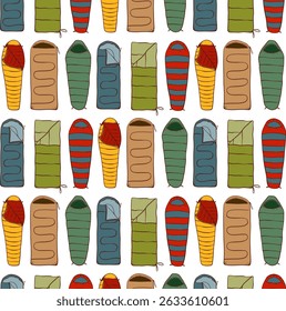 Sleeping Bag Color Line Seamless Pattern. Camping Equipment. Cozy Camp Sleep, Adventure Sleep Kit. Outdoor Nap Essentials. Vector illustrations