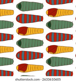 Sleeping Bag Color Line Seamless Pattern. Camping Equipment. Cozy Camp Sleep, Adventure Sleep Kit. Outdoor Nap Essentials. Vector illustrations