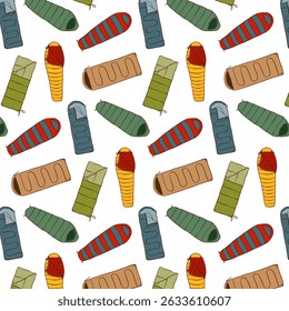 Sleeping Bag Color Line Seamless Pattern. Camping Equipment. Cozy Camp Sleep, Adventure Sleep Kit. Outdoor Nap Essentials. Vector illustrations