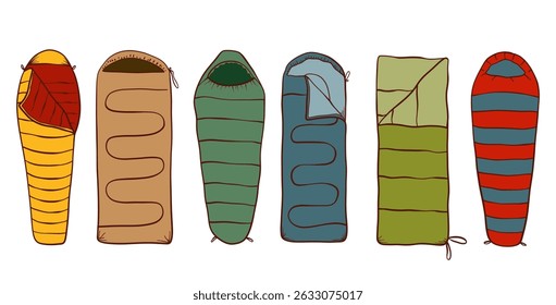 Sleeping Bag Color Line Set. Camping Equipment. Cozy Camp Sleep, Adventure Sleep Kit. Outdoor Nap Essentials. Vector illustrations