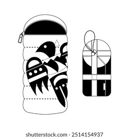 A sleeping bag decorated with Native American folk patterns, isolated on a white background, monochrome style, camping gear vector illustration