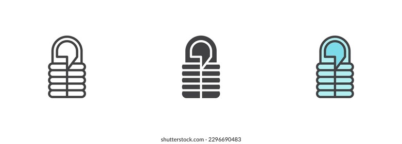 Bolsa de dormir conjunto de iconos de estilo diferente. Línea, glifo y contorno relleno versión colorida, contorno y signo vectorial relleno. Símbolo, ilustración del logotipo. Gráficos vectoriales