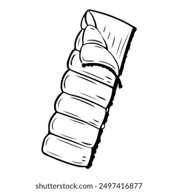 Sleeping bag hand drawn in doodle style. Tourist equipment for spending the night on a hike. Camping. Vector line art illustration.