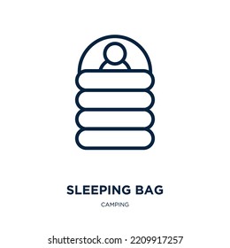 icono del saco de dormir de la colección de camping. Bolso de dormir lineal delgado, bolsa, icono de contorno de recreo aislado en fondo blanco. Signo de saco de dormir vectorial de línea, símbolo para web y móvil