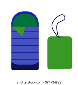 Sleeping bag icon. Camping tourist bedroll isolated on white background. Hiking equipment for sleep. Vector rolled tent and bag pictogram in flat design.
