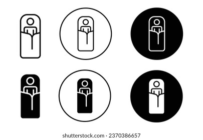 Icono de la bolsa de dormir. juego de símbolos de bolsa de sueño portátil de reposo al aire libre. Camping de aventura o senderismo bolsa de dormir plegable para señalización de la línea vectorial de bebé o niño pequeño.