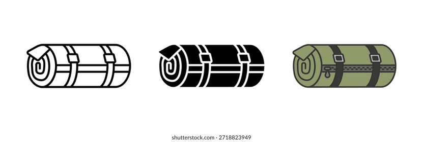 Schlafsack-Symbol. Rolled Camping Schlafsack mit Riemen Symbol für Reisen im Freien und Wandern. Illustration der Tourismus- und Abenteuerausrüstung für Übernachtung und Erholung.