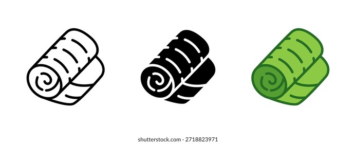 Schlafsack-Symbol. Rolled Camping Schlafsack Symbol für Reisen und Wandern im Freien. Illustration der Tourismus- und Abenteuerausrüstung für Übernachtung und Erholung.