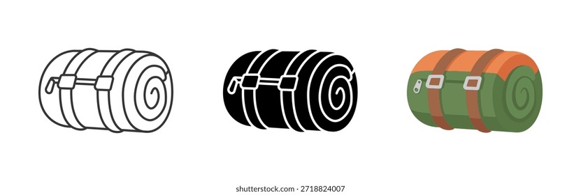 Schlafsack-Symbol. Rolled Camping Schlafsack mit Riemen Symbol für Reisen im Freien und Wandern. Illustration der Tourismus- und Abenteuerausrüstung für warmen Schlaf und Erholung.
