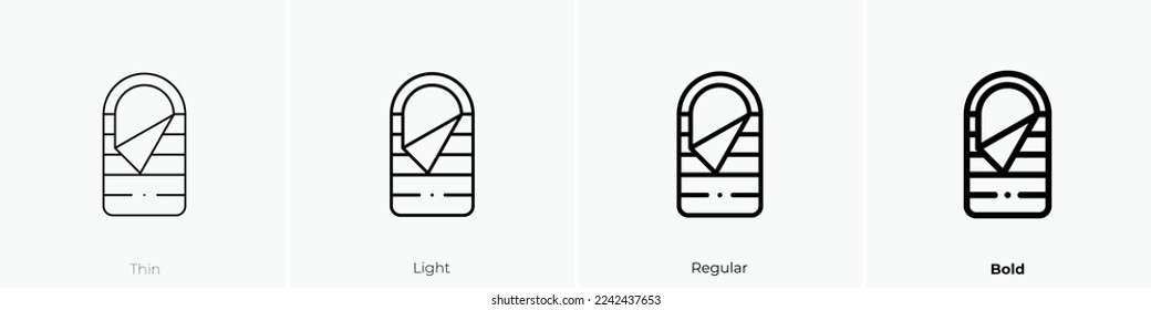 Schlafsack-Symbol. Thin, hellrosa und feines Design einzeln auf weißem Hintergrund