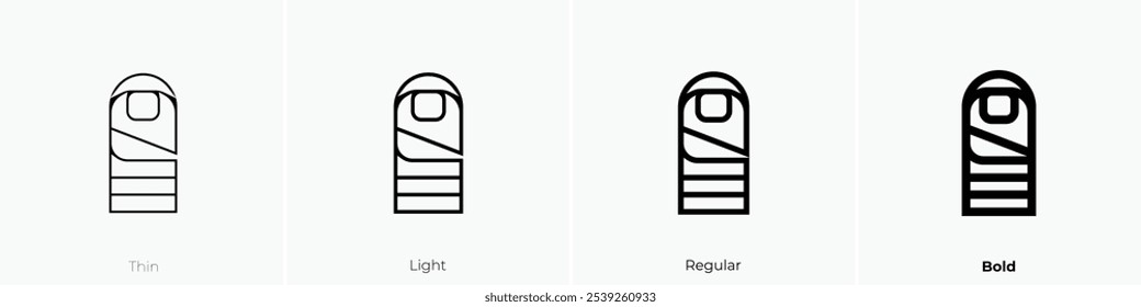 ícone do saco de dormir. Design fino, leve, regular e negrito, isolado no fundo branco