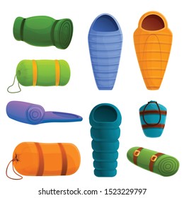 Sleeping bag icons set. Cartoon set of sleeping bag vector icons for web design