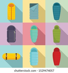 Los iconos de las bolsas de dormir están configurados. Conjunto plano de iconos vectoriales de sacos de dormir para diseño web