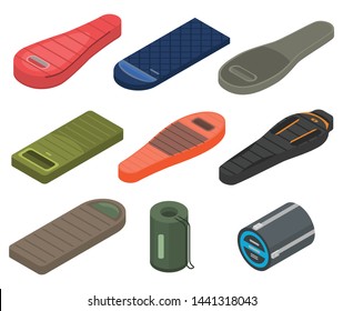 Sleeping bag icons set. Isometric set of sleeping bag vector icons for web design isolated on white background