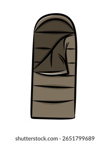 Sleeping bag illustration in brown color with simple hand drawn lines for camping or outdoor themes in cartoon style