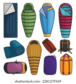 Bolsa de dormir ilustración vectorial aislada en fondo blanco. Juego de colores en la cama de camping. Icono de juego de colores del vector saco de dormir.