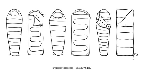 Sleeping Bag Line Art Set. Camping Equipment. Cozy Camp Sleep, Adventure Sleep Kit. Outdoor Nap Essentials. Vector illustrations. Coloring Page
