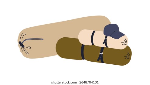 Sleeping bag, mat, tent, adventure accessories, gears rolled up in packages. Camping and hiking supplies, touristic essentials for travel. Flat vector illustration isolated on white background