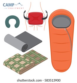 Sleeping bag, neck pillow and camping mat, isolated objects on white. Touristic equipment things. Flat tyle vector