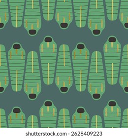 Sleeping bag seamless pattern on dark blue background. Summer camp pattern design in hand drawn flat style for scrapbooking, textile, wrapping, banner