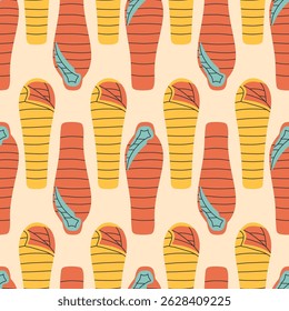Sleeping bag seamless pattern on beige background. Summer camp pattern design in hand drawn flat style for scrapbooking, textile, wrapping, banner