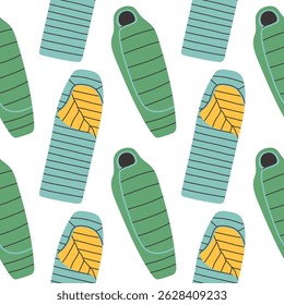 Sleeping bag seamless pattern on white background. Summer camp pattern design in hand drawn flat style for scrapbooking, textile, wrapping, banner