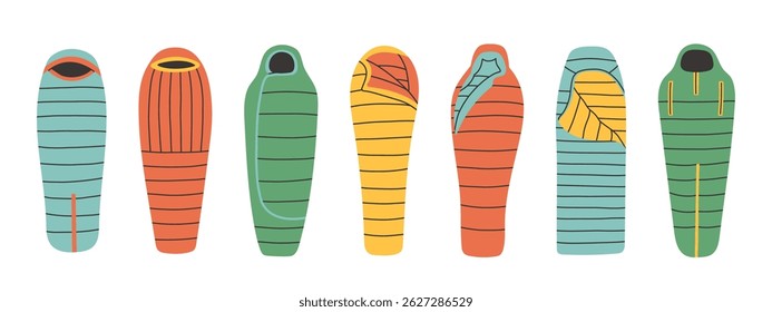 Sleeping bag set. Simple sleeping bag collection for outdoor. Various styles and colors suitable for different weather conditions.