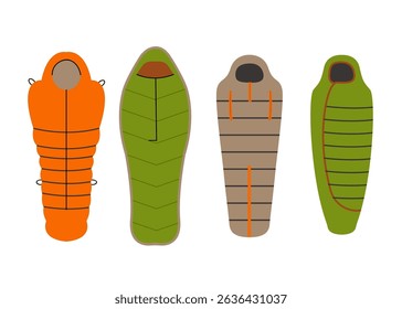 Sleeping bag set. Simple sleeping bag collection for outdoor. Various styles and colors suitable for different weather conditions. Goods for sports tourism Vector illustration