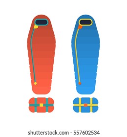 Sleeping bag spread out and ready to use. Packed in a roll and compressed. Vector illustration flat, isolated on white background.
