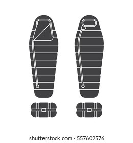 Sleeping bag spread out and ready to use. Packed in a roll and compressed. Vector illustration flat, isolated on white background.