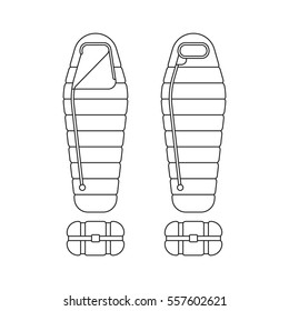 Sleeping bag spread out and ready to use. Packed in a roll and compressed. Vector illustration outline, isolated on white background.