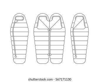 Sleeping bag spread out and ready to use, unbuttoned and buttoned, Packed in a roll and compressed by the bag. Vector illustration of linear, flat isolated on white background.