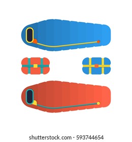 Sleeping bag spread out and ready to use. Packed in a roll and compressed by the bag. Vector illustration flat, isolated on white background.
