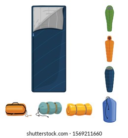 Sleeping bag for travel vector cartoon icon set.Vector isolated illustration bag and blanket.Icon set of equipment for sleep.