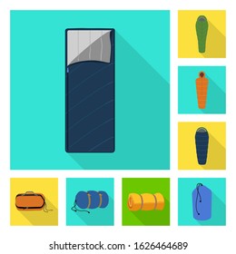 Sleeping bag for travel vector flat icon set.Vector isolated illustration bag and blanket.Icon set of equipment for sleep.