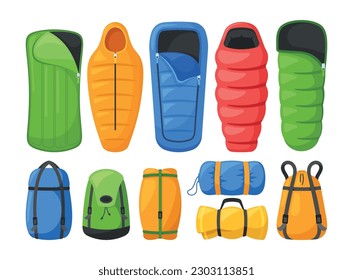 Sleeping Bags Set For Outdoor Activities Of Different Sizes And Colors. Lightweight, Compact, Waterproof And Durable