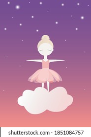 Sleeping ballerina on a cloud in the night sky among the stars. Children's vector illustration