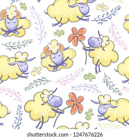 Sleeping bangs seamless pattern. Cartoons lambs drawn. Clouds of lambs. Children background.  Print on paper or textile. Watercolor.
