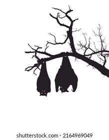 Bates durmientes en el brunch del árbol. Silhouette de murciélago, elemento para Halloween. Ilustración vectorial aislada del fondo.