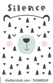 Sleeping bear, abstract poster in Scandinavian style. Vector illustration with text. Funny and cute print.